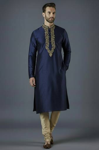 Navy embroidery dupion silk kurta set
