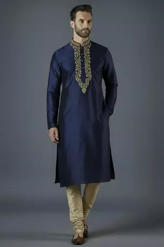 Navy embroidery dupion silk kurta set