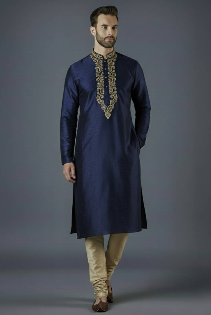 Navy embroidery dupion silk kurta set