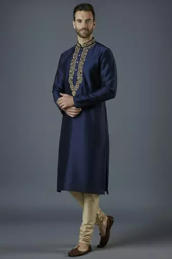 Navy embroidery dupion silk kurta set