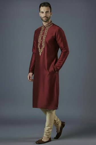 Maroon embroidery dupion silk kurta set