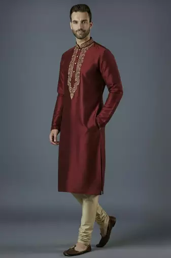Maroon embroidery dupion silk kurta set