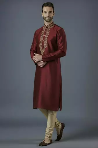 Maroon embroidery dupion silk kurta set