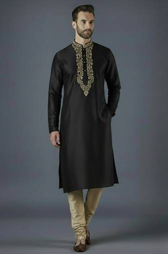 Black embroidery dupion silk kurta set