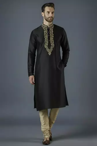 Black embroidery dupion silk kurta set