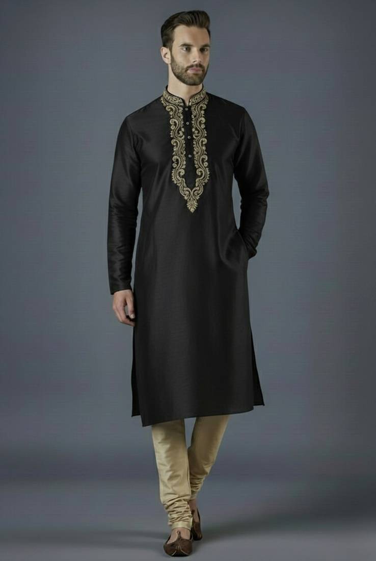Black embroidery dupion silk kurta set