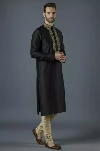 Black embroidery dupion silk kurta set