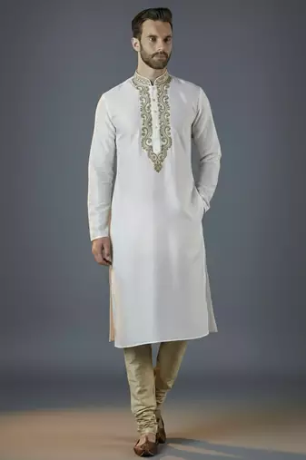 White embroidery dupion silk kurta set