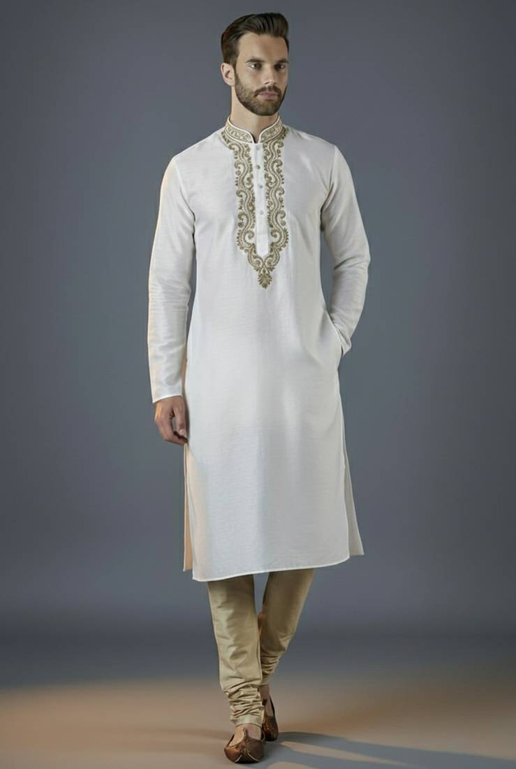 White embroidery dupion silk kurta set