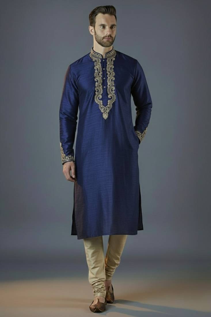 Royal blue  embroidery dupion silk kurta set