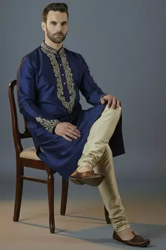 Royal blue  embroidery dupion silk kurta set