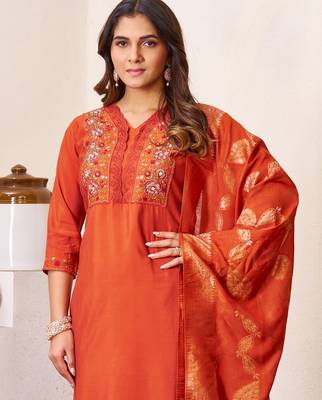 Orange Color Embroidery Sequins With Hand Work Roman Silk Kurti Pent Set. 2