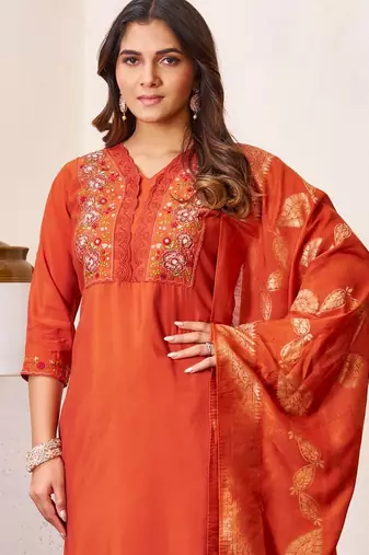 Orange Color Embroidery Sequins With Hand Work Roman Silk Kurti Pent Set.