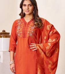 Orange Color Embroidery Sequins With Hand Work Roman Silk Kurti pant Set.