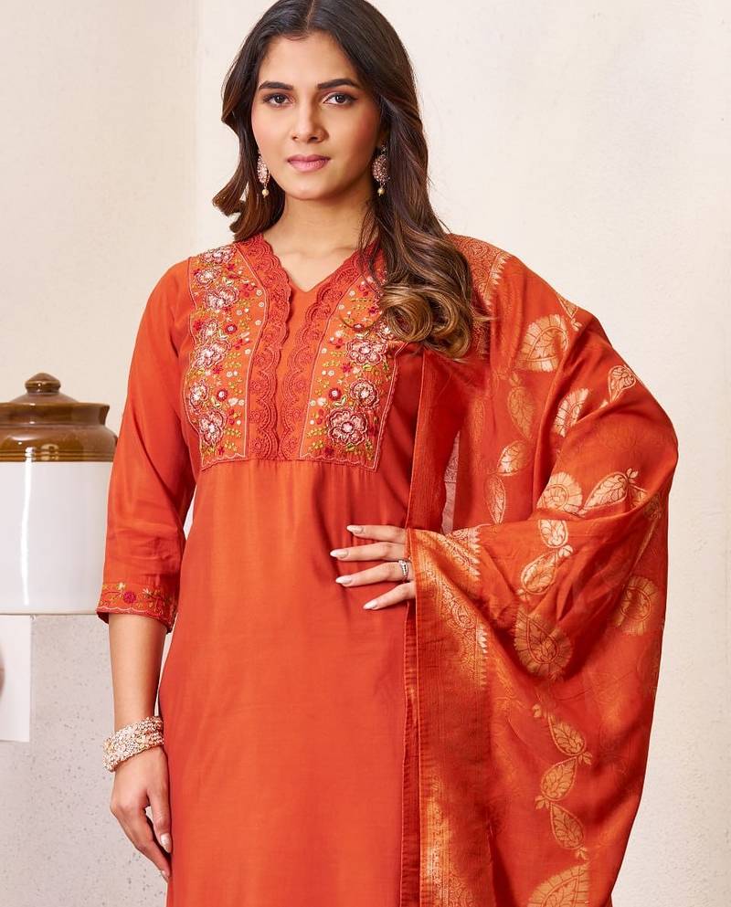 Orange Color Embroidery Sequins With Hand Work Roman Silk Kurti pant Set.