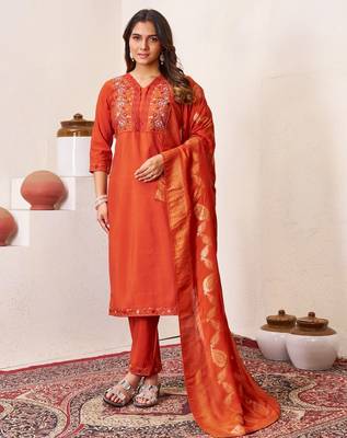Orange Color Embroidery Sequins With Hand Work Roman Silk Kurti Pent Set. 1