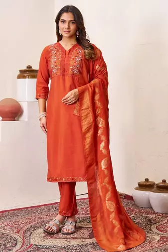 Orange Color Embroidery Sequins With Hand Work Roman Silk Kurti pant Set.