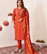 Orange Color Embroidery Sequins With Hand Work Roman Silk Kurti pant Set.