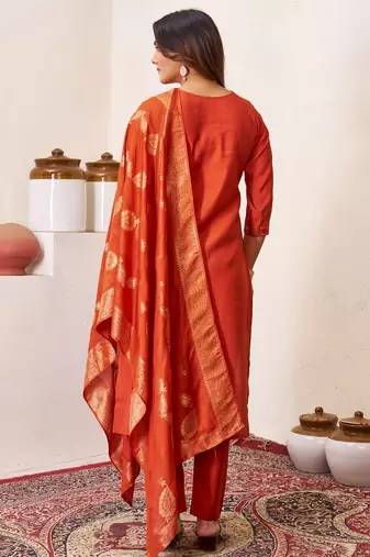 Orange Color Embroidery Sequins With Hand Work Roman Silk Kurti Pent Set.