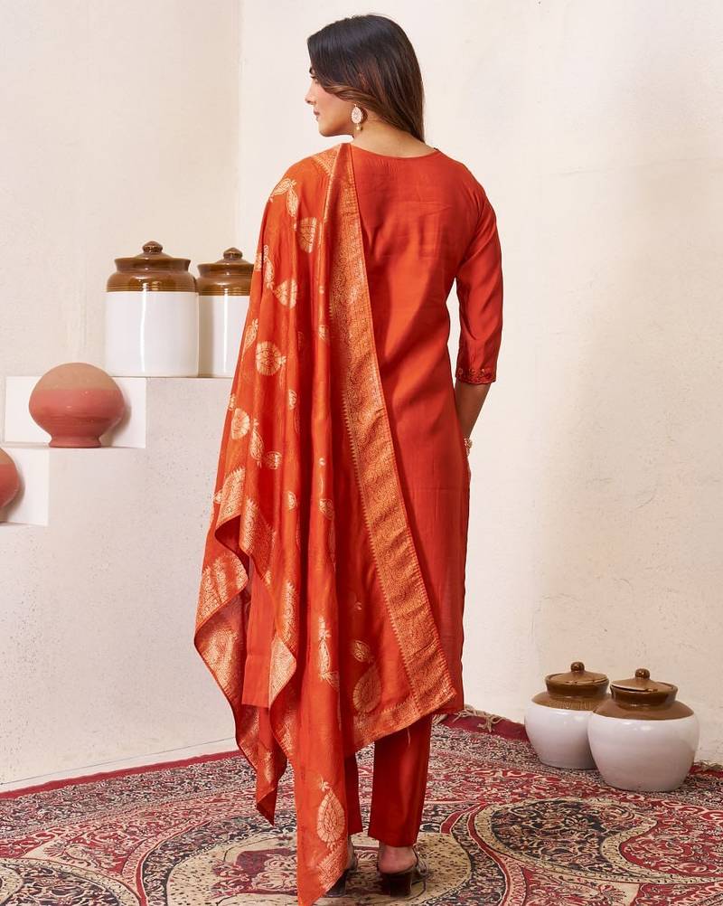 Orange Color Embroidery Sequins With Hand Work Roman Silk Kurti pant Set.