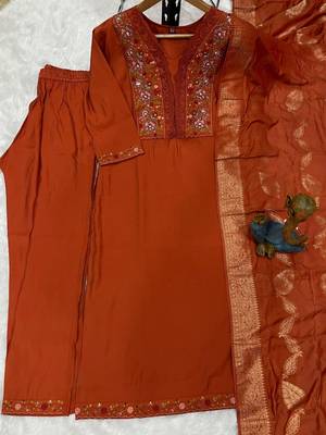 Orange Color Embroidery Sequins With Hand Work Roman Silk Kurti Pent Set. 4
