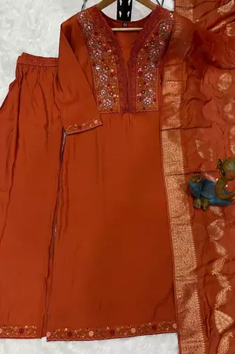 Orange Color Embroidery Sequins With Hand Work Roman Silk Kurti Pent Set.