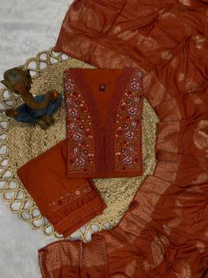 Orange Color Embroidery Sequins With Hand Work Roman Silk Kurti Pent Set. 5