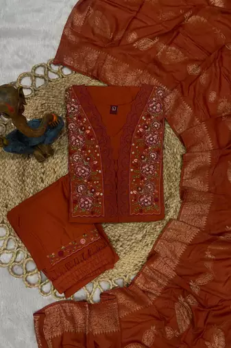 Orange Color Embroidery Sequins With Hand Work Roman Silk Kurti Pent Set.