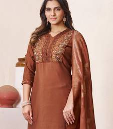 Brown Color Embroidery Sequins With Hand Work Roman Silk Kurti pant Set.