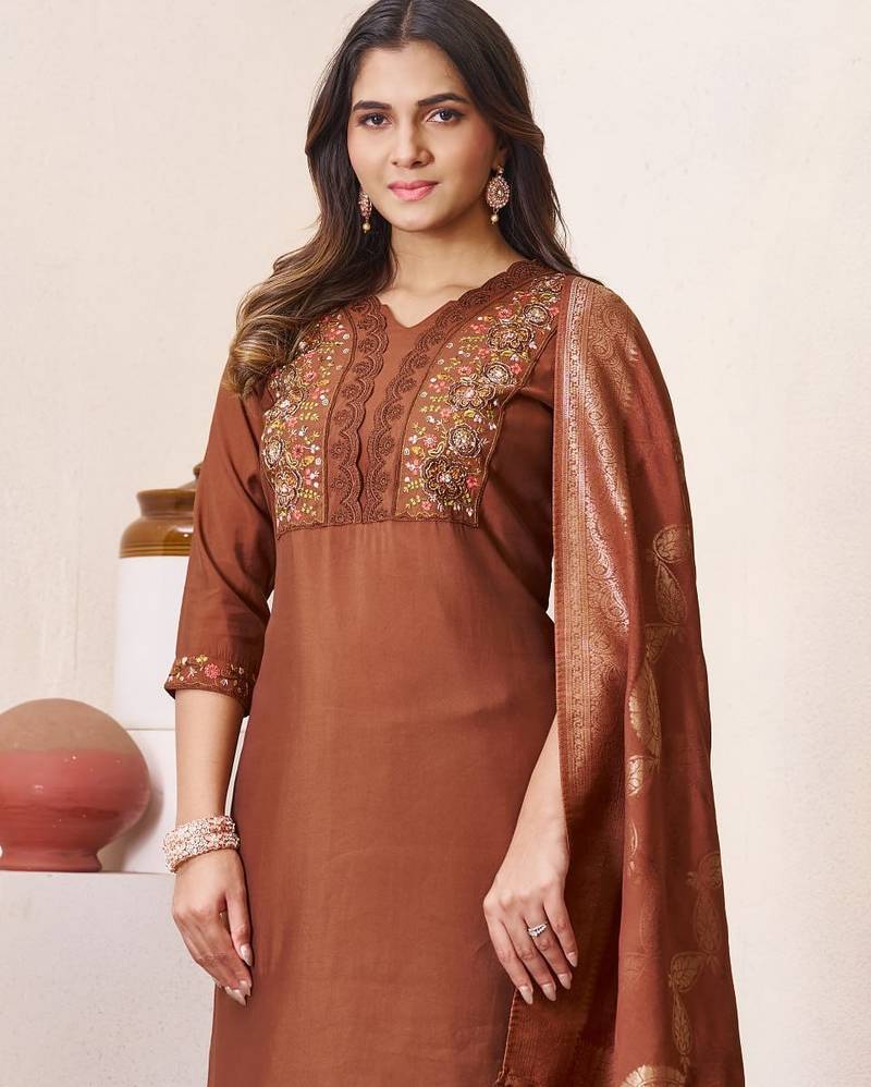 Brown Color Embroidery Sequins With Hand Work Roman Silk Kurti pant Set.