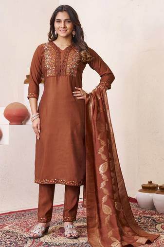 Brown Color Embroidery Sequins With Hand Work Roman Silk Kurti pant Set.