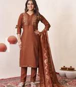 Brown Color Embroidery Sequins With Hand Work Roman Silk Kurti pant Set.
