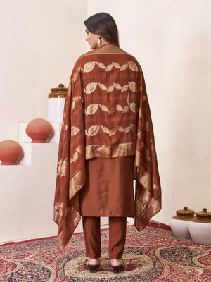 Brown Color Embroidery Sequins With Hand Work Roman Silk Kurti Pent Set. 3