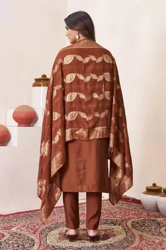Brown Color Embroidery Sequins With Hand Work Roman Silk Kurti Pent Set.