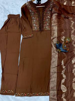Brown Color Embroidery Sequins With Hand Work Roman Silk Kurti Pent Set. 4