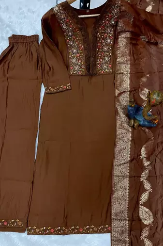 Brown Color Embroidery Sequins With Hand Work Roman Silk Kurti Pent Set.