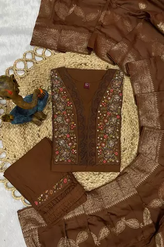 Brown Color Embroidery Sequins With Hand Work Roman Silk Kurti Pent Set.