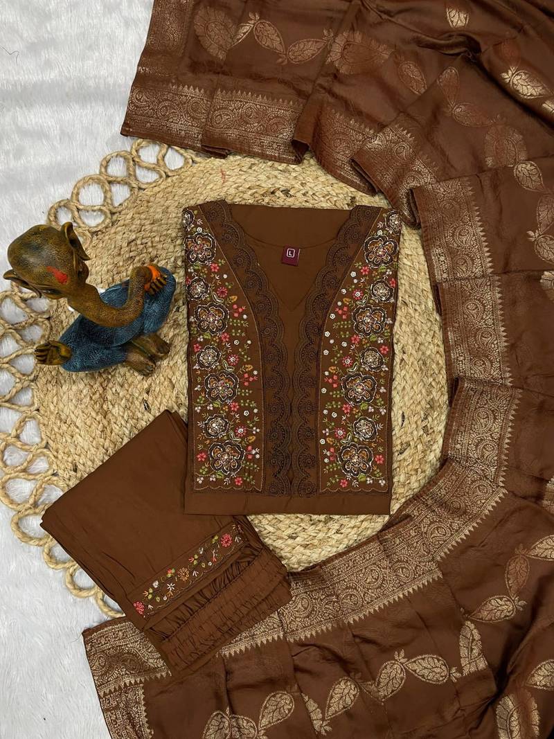Brown Color Embroidery Sequins With Hand Work Roman Silk Kurti pant Set.