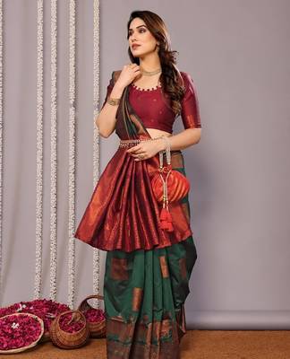 Green silk blend banarasi saree with blouse 1