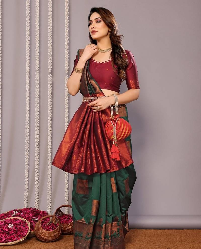 Green soft silk banarasi saree with blouse