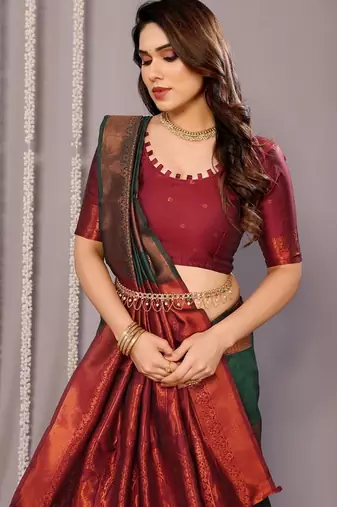 Green silk blend banarasi saree with blouse