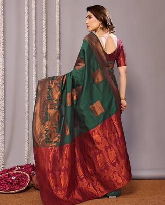 Green silk blend banarasi saree with blouse 3