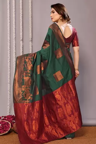 Green silk blend banarasi saree with blouse