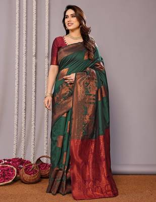 Green silk blend banarasi saree with blouse 4