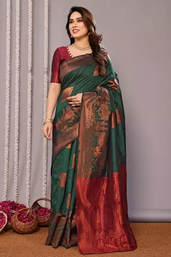 Green silk blend banarasi saree with blouse
