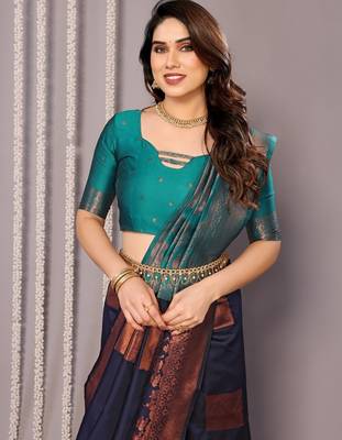 Navy blue silk blend banarasi saree with blouse 1