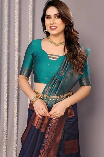 Navy blue soft silk banarasi saree with blouse