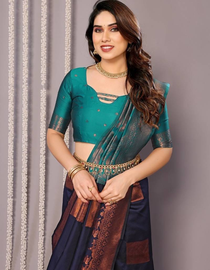 Navy blue soft silk banarasi saree with blouse