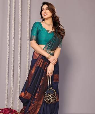 Navy blue silk blend banarasi saree with blouse 2