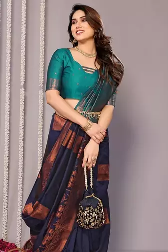 Navy blue silk blend banarasi saree with blouse